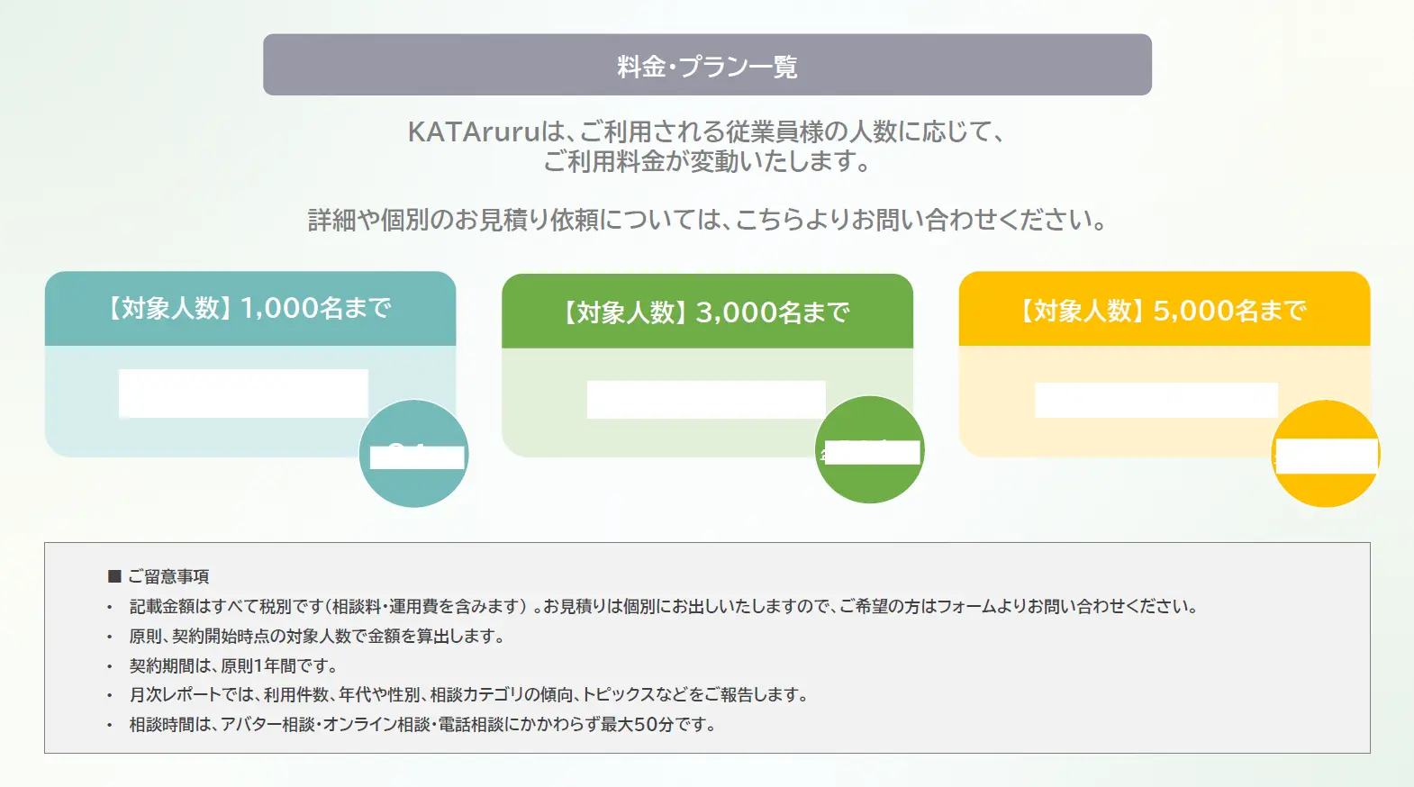 KATAruruの料金プランページ※価格は非開示です。詳しくは資料をダウンロードのうえご確認ください