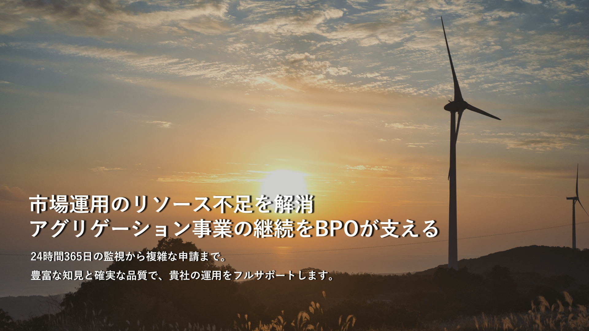 市場運用のリソース不足を解消　アグリゲーション事業の継続をBPOが支える　24時間365日の監視から複雑な申請まで。豊富な知見と確実な品質で、貴社の運用をフルサポートします。