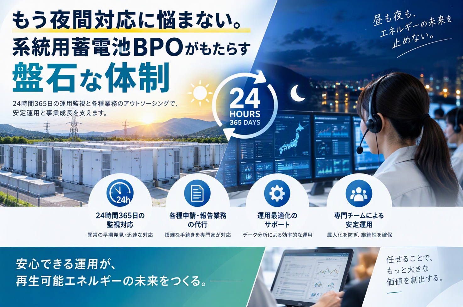 もう夜間対応に悩まない。系統用蓄電池BPOがもたらす盤石な体制