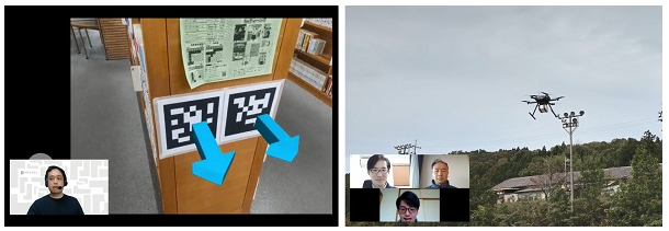 図書館ナビゲーションシステムやドローンの可能性について、動画を通して児童に伝える様子