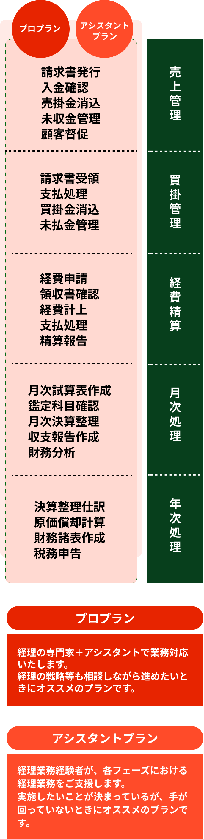 売上管理（請求書発行、入金確認、売掛金消入、未収金管理、顧客督促）買掛管理（請求書受領、支払処理、買掛金消入、未払金管理）経費精算（経費申請、領収書確認、経費計上、支払処理、精算報告）月次処理（月次試算表作成、鑑定科目確認、月次決算整理、収支報告作成、財務分析）年次処理（決算整理仕訳、原価償却計算、財務諸表作成、税務申告）プロプラン→経理の専門家＋アシスタントで業務対応いたします。経理の戦略等も相談しながら進めたいときにオススメのプランです。アシスタントプラン→経理業務経験者が、 各フェーズにおける経理業務をご支援します。実施したいことが決まっているが、手が回っていないときにオススメのプランです。