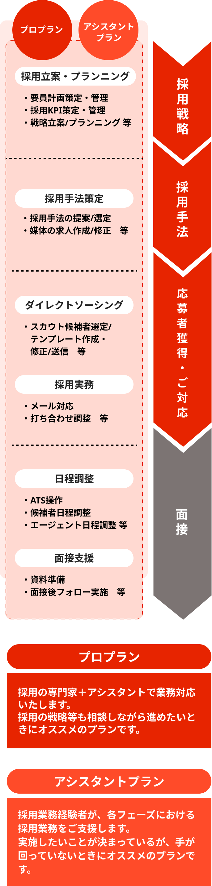採用戦略：採用立案・プランニング（要員計画策定・管理、採用KPI策定・管理、戦略立案 / プランニング 等）　採用手法：採用手法策定（採用手法の提案/選定、媒体の求人作成/修正 等）　応募者獲得・ご対応：ダイレクトソーシング（スカウト候補者選定/テンプレート作成・修正/送信 等）採用実務（メール対応、打ち合わせ調整 等）　面接：日程調整（ATS操作、候補者日程調整、エージェント日程調整 等）面接支援（資料準備、面接後フォロー実施 等）プロプラン：採用の専門家＋アシスタントで業務対応いたします。採用の戦略等も相談しながら進めたいときにオススメのプランです。アシスタントプラン：採用業務経験者が、 各フェーズにおける採用業務をご支援します。実施したいことが決まっているが、 手が回っていないときにオススメのプランです。